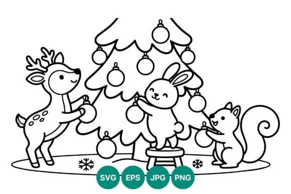 Christmas Tree Bunny Deer Squirrel Illustrations