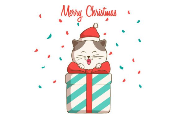 Cute Cat on Top of a Christmas Gift Illustrations