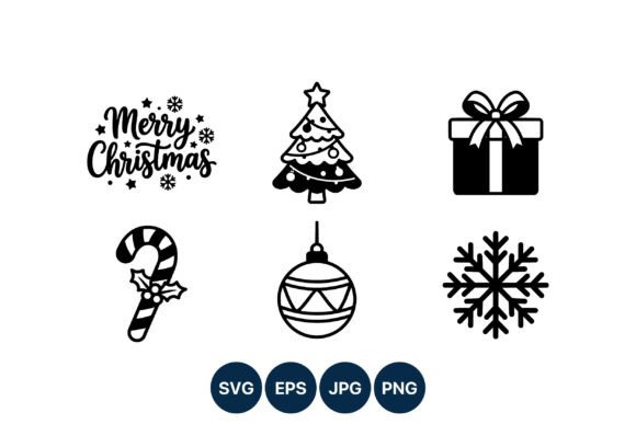 Merry Christmas Icons Black White Illustrations