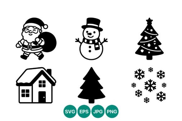 Reviewing Christmas Icons Santa Snowman Tree House Illustrations
